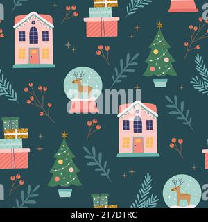 Motivi natalizi senza cuciture con case, palle di neve e alberi. Design invernale stagionale. Simpatica illustrazione vettoriale in stile cartone animato piatto Illustrazione Vettoriale