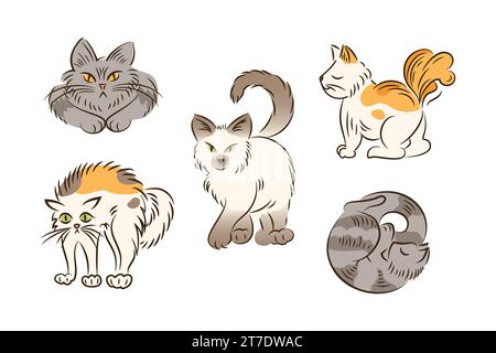 Set di gatti in diverse pose in stile cartone animato. Grasso e carino stile di vita dei gatti. Animali domestici. Il gatto sibila, dorme, fa schifo, cammina. Per adesivi, poster, cartoline, Illustrazione Vettoriale
