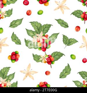 Motivo senza cuciture di rami di caffè, bacche e fiori. Aroma di varietà robusta e arabica. Coffee Day. Illustrazione acquerello. Adatto per supporto Foto Stock