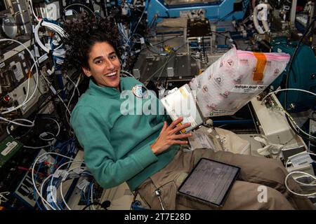 ISS - 3 novembre 2023 - astronauta NASA e ingegnere di volo della Expedition 70 Jasmin Moghbeli sorride per il ritratto durante l'installazione di un nuovo sensore di idrogeno Foto Stock
