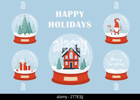 Collezione di globi in vetro per neve. Set di balli decorativi natalizi con paesaggi invernali. Palle di neve per le vacanze con fiocchi di neve isolati su sfondo blu Illustrazione Vettoriale