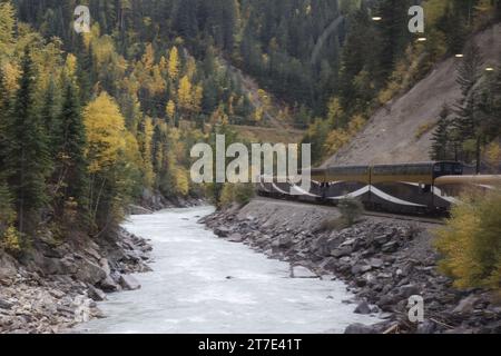 Treno Rocky Mountaineer che passa attraverso la valle lungo il fiume Foto Stock