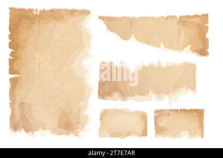 Carta pergamena, pezzi strappati, vecchi fogli in stile cartone animato, note vuote testurizzate isolate su sfondo bianco. Elementi dell'interfaccia utente del gioco. Illustrazione vettoriale Illustrazione Vettoriale