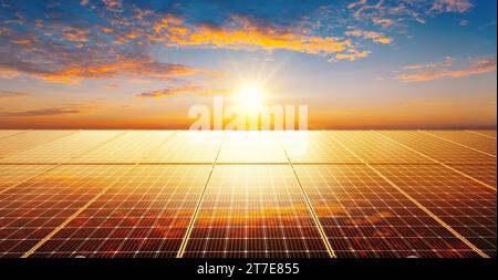 I pannelli solari riflettono la luce scintillante del sole, l'energia pulita e l'ambiente. Rendering 3D. Foto Stock