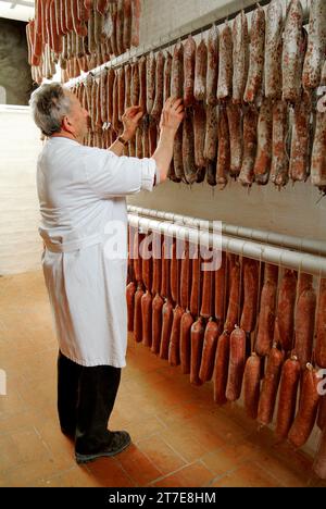 Produzione salame tipo Fabriano, fabriano, provincia di Ancona, Marche, Italia Foto Stock