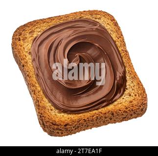 Pane rusk con crema di nocciole isolato su sfondo bianco, vista dall'alto Foto Stock