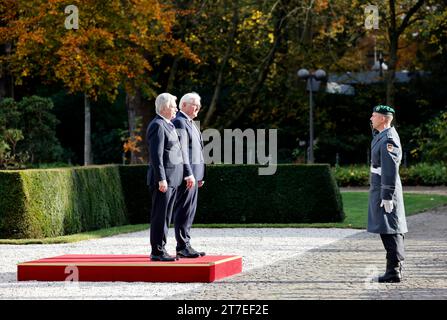 Bonn, Germania. 15 novembre 2023. Il presidente federale Frank-Walter Steinmeier (2° da sinistra) riceve Sauli Niinistö (l), presidente della Finlandia, a Villa Hammerschmidt. Niinistö inizia una visita ufficiale di due giorni in Germania. Crediti: Thomas Banneyer/dpa/Alamy Live News Foto Stock