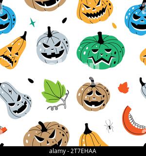 Le zucche con facce spaventose si ripetono. Le zucche autunnali si affacciano su uno striscione senza cuciture Sfondo autunnale di verdure di halloween. Illustrazione vettoriale. Illustrazione Vettoriale