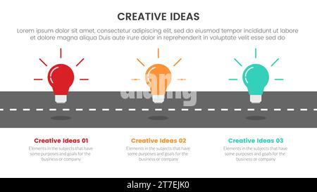 infografica di concetto di idea creativa modello di fase a 3 punti con lampadina su carreggiata per il vettore di presentazione delle diapositive Foto Stock