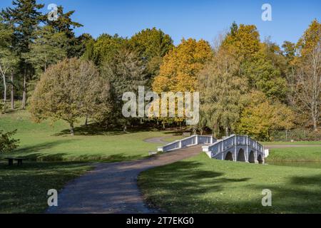 Ponte a cinque archi nei giardini Painshill di Cobham, Surrey, in autunno a metà novembre Foto Stock