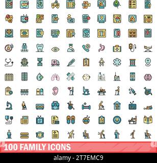 set di 100 icone famiglia. Set di linee colorate delle icone vettoriali famiglia di colori linea sottile piatta su bianco Illustrazione Vettoriale