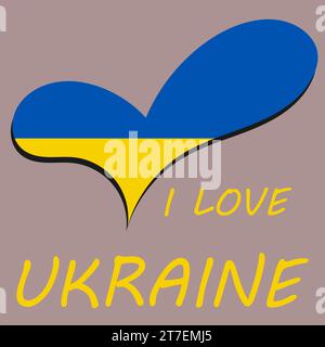 Bandiera dell'Ucraina a forma di cuore. Frase che amo l'Ucraina. Simboli nazionali. Cuore in colori bandiera con iscrizione Illustrazione Vettoriale