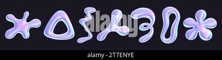Set di illustrazioni di rendering 3d con forma y2k liquido olografico cromato. Foto Stock