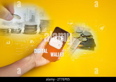 Concetto di portafoglio digitale che controlla l'utilizzo con blockchain e contatti intelligenti Foto Stock