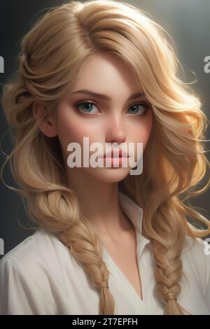 Una giovane donna caucasica dai capelli biondi e dagli occhi blu guarda direttamente nella fotocamera con un'espressione curiosa Foto Stock