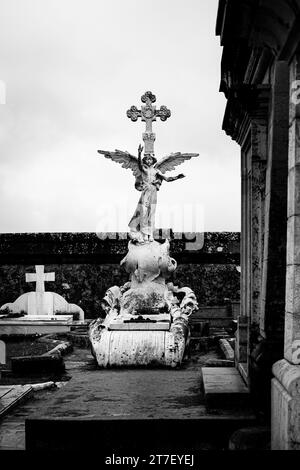 Immagine in bianco e nero di una tomba del cimitero di Comillas in Cantabria, Spagna. Che contiene la scultura di un angelo. Foto Stock