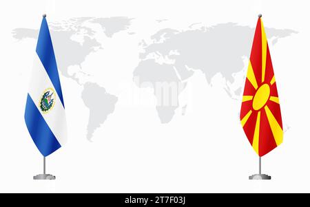 El Salvador e la Macedonia del Nord bandiere per un incontro ufficiale sullo sfondo della mappa mondiale. Illustrazione Vettoriale