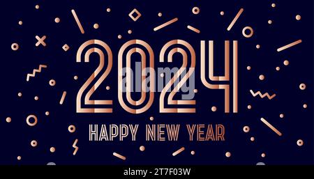 2024, felice anno nuovo. Biglietto d'auguri con testo felice anno nuovo 2024. Coriandoli fuochi d'artificio stile brillante felice anno nuovo, buon Natale. Sfondo festivo 2024, banner, poster. Illustrazione vettoriale Illustrazione Vettoriale