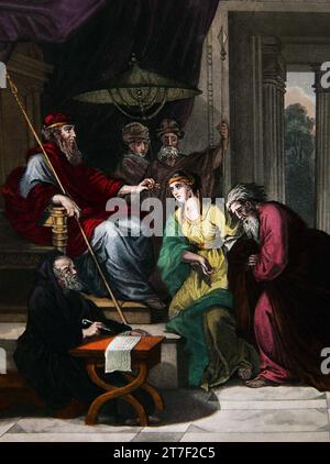 Illustrazione di Mordecai è avanzata (Ester) - Re Assuero dà il suo anello che ha preso da Haman e lo ha dato a Mordecai ed Ester ha dato Mordec Foto Stock