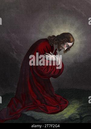 Illustrazione di Gesù Cristo inginocchiato e pregare per la seconda volta nel Giardino del Getsemani (Matteo XXVI.42) dalla famiglia di Auto-interpretazione Foto Stock