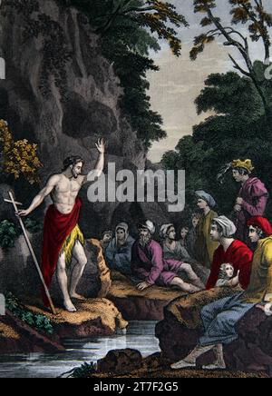 Illustrazione della predicazione di San Giovanni Battista nella natura selvaggia dalla Bibbia di famiglia autointerpretante Foto Stock
