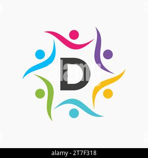 Logo Unity sul modello Letter D. Segno di beneficenza, comunicazione, simbolo del team, icona dell'Unione Illustrazione Vettoriale