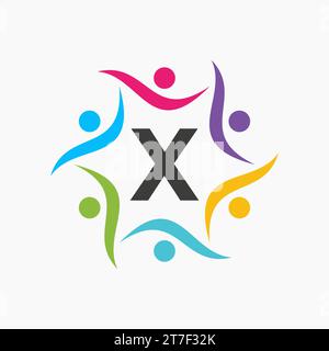 Logo Unity sul modello Letter X. Segno di beneficenza, comunicazione, simbolo del team, icona dell'Unione Illustrazione Vettoriale