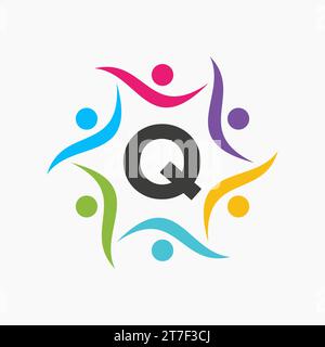 Logo Unity sul modello Letter Q. Segno di beneficenza, comunicazione, simbolo del team, icona dell'Unione Illustrazione Vettoriale