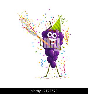 Cartoni animati Happy Grape Fruit per la festa di compleanno e di anniversario. Festeggiamenti, feste di compleanno o anniversari salutando un simpatico personaggio vettoriale di frutta con cracker di coriandoli Illustrazione Vettoriale