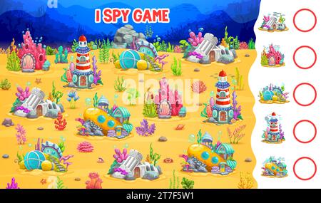 I Spy game Worksheet, paesaggi sottomarini e case da favola sul mare, quiz vettoriale per bambini. Capanna per conchiglie oceaniche, corallo o barca affondata e casa di pentole in una partita sottomarina per trovare e abbinare le stesse case Illustrazione Vettoriale