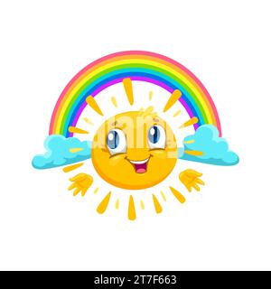 Personaggio da sole kawaii estivo con arcobaleno e nuvole. Felice sorridente sole estivo, personaggio vettoriale isolato. Clima caldo e soleggiato, atmosfera allegra e solare primaverile con arcobaleno sulle nuvole Illustrazione Vettoriale
