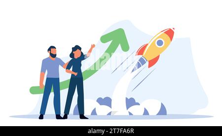 Rocket idea e persona di visione, un uomo d'affari può lanciare una startup, vettore che illustra il concetto di successo attraverso strategie innovative e t Illustrazione Vettoriale