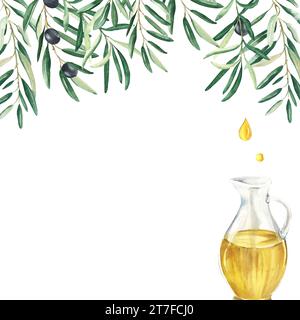 Cornice quadrata di ulivo, bordo. Rami d'oliva e frutti neri, olio in brocca di vetro e gocce. Illustrazione ad acquerello disegnata a mano isolata su un bianco Foto Stock