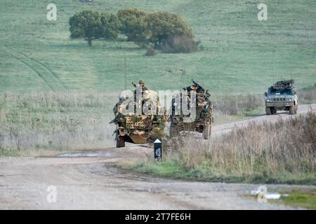 Panthers dell'esercito britannico e Supacat Jackals in azione su un'esercitazione militare Foto Stock