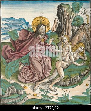 God Creating Eve from Adam's Rib - Illustration from the Norimberga Chronicle, 1493. Illustrato da Wilhelm Pleydenwurff e Michael Wolgemut Foto Stock