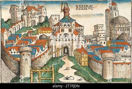 Rappresentazione di Ninive, Mesopotamia - illustrazione dalla Cronaca di Norimberga, 1493. Illustrato da Wilhelm Pleydenwurff e Michael Wolgemut Foto Stock