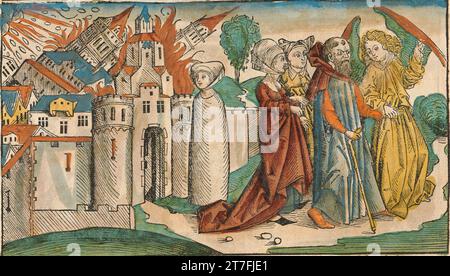 Lot e la sua famiglia in fuga da Sodoma - illustrazione dalla Cronaca di Norimberga, 1493. Illustrato da Wilhelm Pleydenwurff e Michael Wolgemut Foto Stock