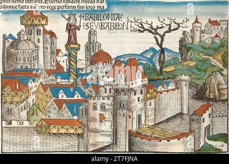 Rappresentazione di Babilonia, Mesopotamia - illustrazione dalla Cronaca di Norimberga, 1493. Illustrato da Wilhelm Pleydenwurff e Michael Wolgemut Foto Stock