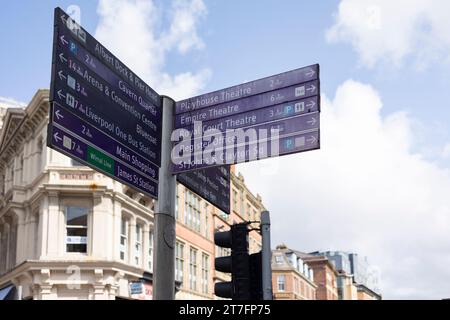 Liverpool, regno unito, 16 maggio 2023 Un cartello che mostra la strada per i punti di interesse nella città di Liverpool Foto Stock