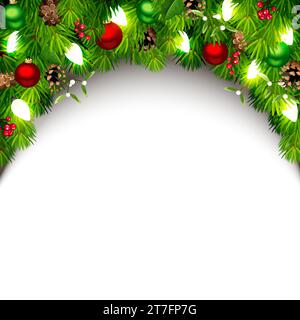 Sfondo natalizio con rami di abete verde, palle rosse e verdi, coni di pino, agrifoglio, mignolo e luci natalizie. Sfondo dei saluti di stagione Illustrazione Vettoriale