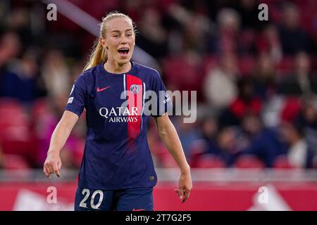 Amsterdam, Paesi Bassi. 15 novembre 2023. AMSTERDAM, PAESI BASSI - 15 NOVEMBRE: Amalie Vangsgaard di Paris Saint-Germain grida durante la partita del gruppo C - UEFA Women's Champions League 2023/24 tra AFC Ajax e Paris Saint-Germain alla Johan Cruijff Arena il 15 novembre 2023 ad Amsterdam, Paesi Bassi. (Foto di Joris Verwijst/Orange Pictures) credito: Orange Pics BV/Alamy Live News Foto Stock