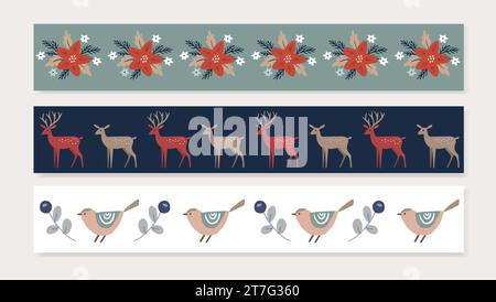 Set di banner natalizi scandinavi, nastri washi. Motivi invernali senza cuciture con fiori invernali, poinsettia, renne e uccelli. Mano decorativa Illustrazione Vettoriale