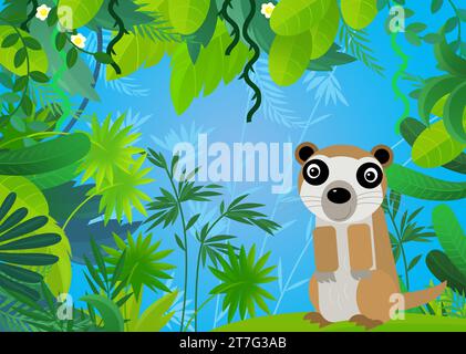 scena di cartoni animati con l'illustrazione di meerkat con animali da safari per bambini Foto Stock