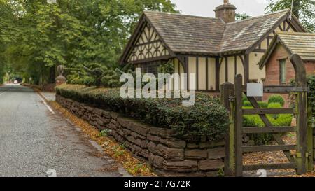 Cancello di legno e muro di arenaria con siepe di tasso e vista su una strada Foto Stock