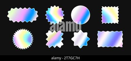 Set di adesivi olografici. Raccolta di etichette iridescenti per ologrammi. Fascio di elementi in lamina di arcobaleno lucido per emblema, tag, etichetta, badge, modello, collage, poster, banner. Pacchetto illustrazioni Vector Silver Illustrazione Vettoriale