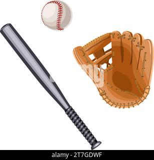 Guanto da baseball, palla e pipistrello isolati su sfondo bianco. Illustrazione vettoriale Illustrazione Vettoriale