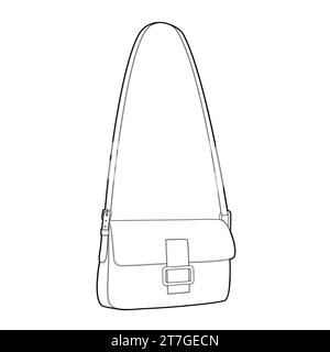 Borsa a tracolla baguette. Illustrazione tecnica degli accessori moda. Borsa a mano vettoriale frontale vista a 3-4° per uomo, donna, unisex, borsetta piatta con disegno CAD isolato Illustrazione Vettoriale