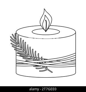 Candela ardente decorata con corda e rametto di pino, illustrazione vettoriale piatta in stile doodle per libri da colorare per bambini Illustrazione Vettoriale