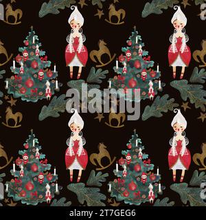 Bambole, cavalli a dondolo, alberi di Natale. Motivo ad acquerello senza cuciture per la carta da imballaggio per Capodanno e Natale. Regali in stile vintage per bambini sotto i limiti di età Foto Stock