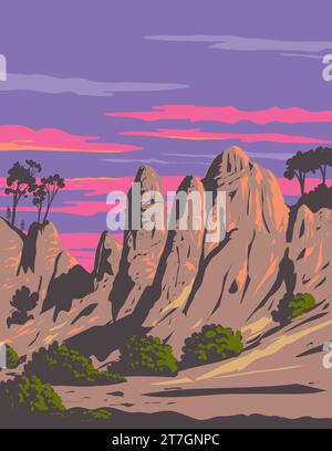 WPA poster art delle formazioni rocciose al Pinnacles National Park, situato a est della Salinas Valley, nella California centrale USA, realizzato nel progetto admini Foto Stock